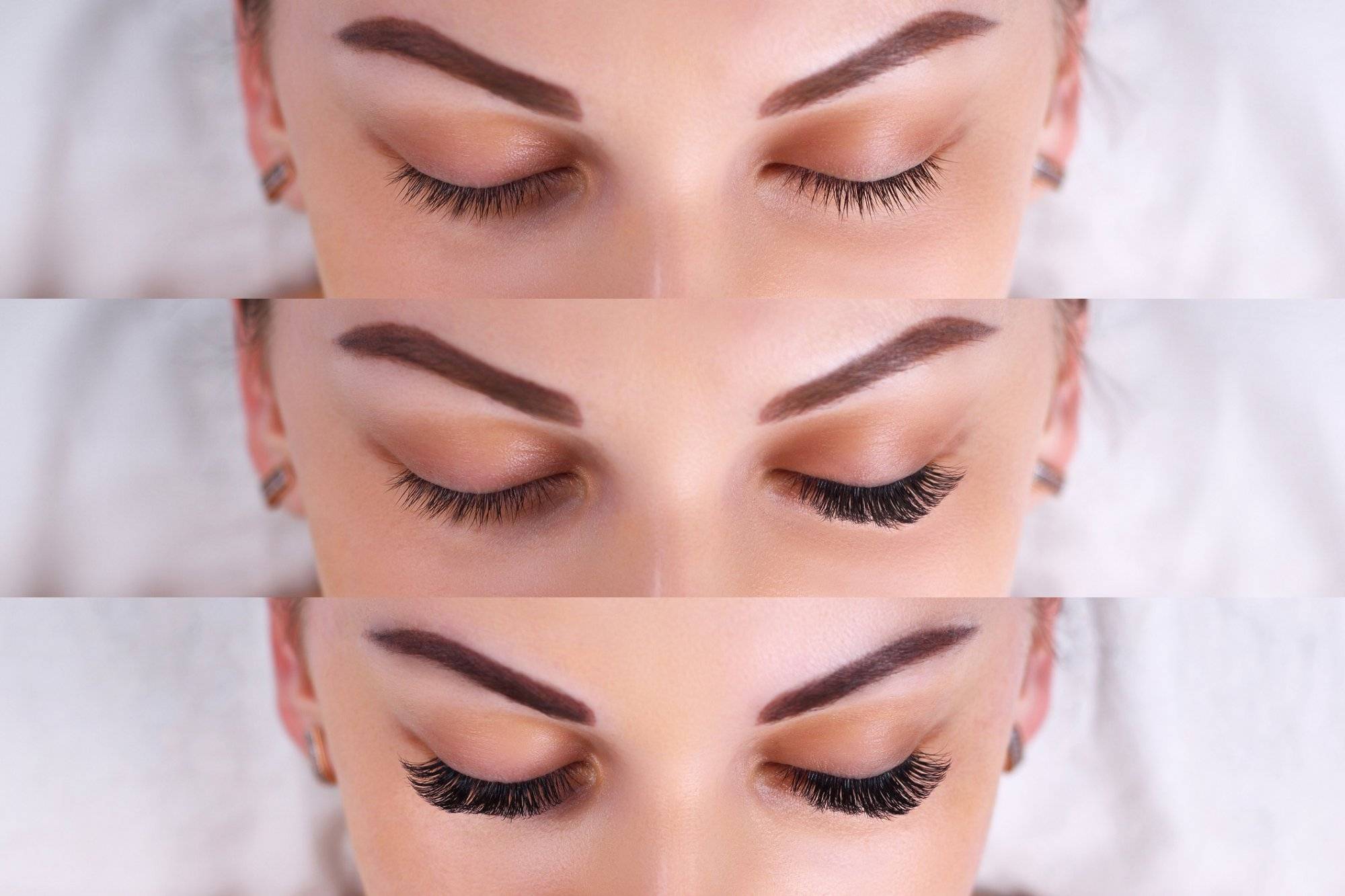 Eyelash Extension Procedure. Comparison of female eyes before and after Eyelash Extension Procedure. Comparison of female eyes before and after
