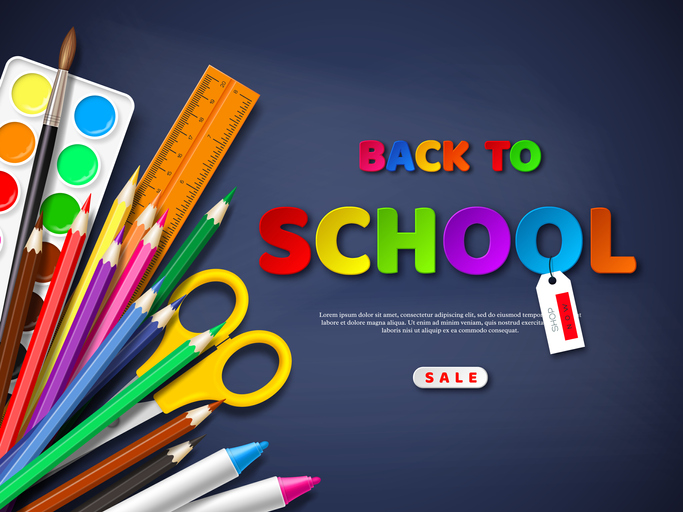 Back to school sale poster with realistic school supplies. Paper cut style letters on blackboard background. Vector illustration.